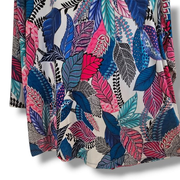 Creation Tunic Top Size 2X Asymmetrical 3/4 Sleeves Vibrant Colorful Leaf Design - Picture 5 of 10